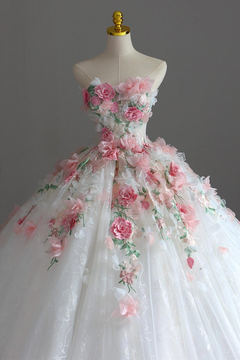 851003408753    即納ドレス　プリンセス  チュール   ピンクの花 　フロアレングス   ウェディングドレス