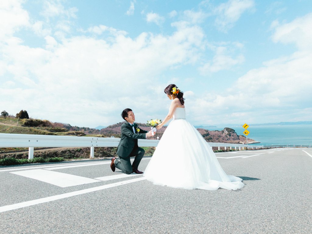 瀬戸内海　淡路島　前撮り　ウェディングドレス　Aラインドレス　プロポーズ